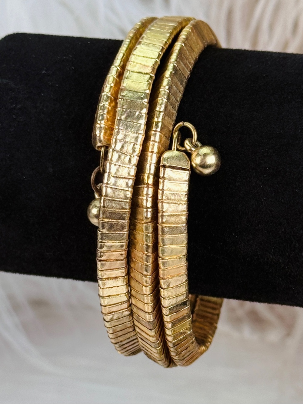 Vintage Gold Tone Triple Wrap Coil Bracelet Adjustable Ribbed Statement